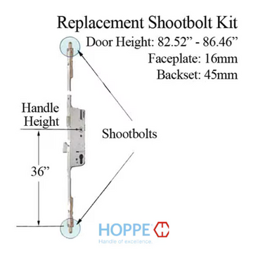 HOPPE 3-POINT MULTIPOINT LOCK, DOOR HEIGHTS 82.52"- 86.46", 1-3/4" BACKSET, SHOOTBOLT VERSION